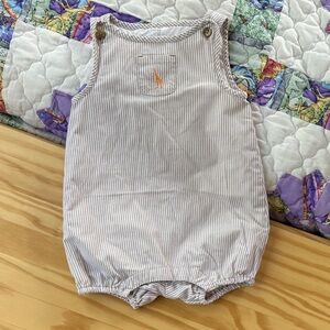 Janie and Jack Tan and White Striped Baby Romper with Giraffe Embroidery